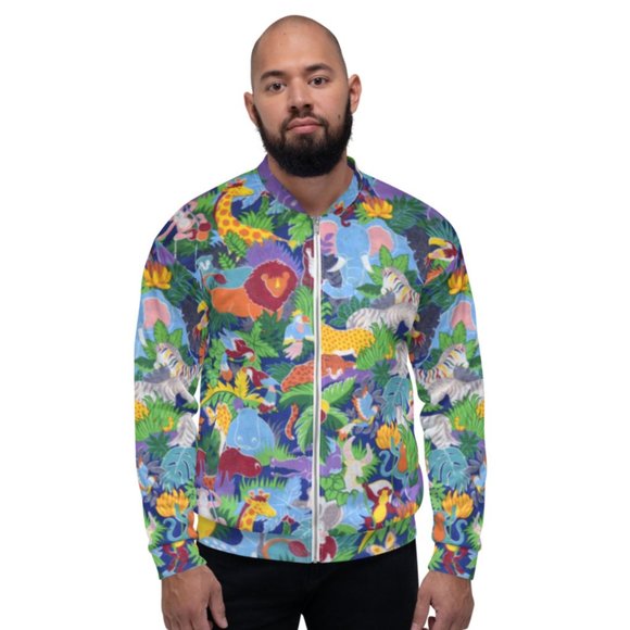 Animated Jungle Animals Pattern Safari Unisex Bomber Jackets. - Picture 2 of 6